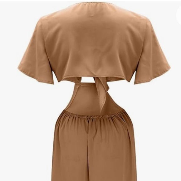 Tan tie front cut out, split hem, short sleeve maxi dress, Large - Picture 7 of 13